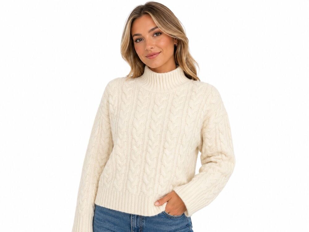 Sézane Cream Cable Knit Alpaca Blend Mock Neck Sweater Women’s Size Large